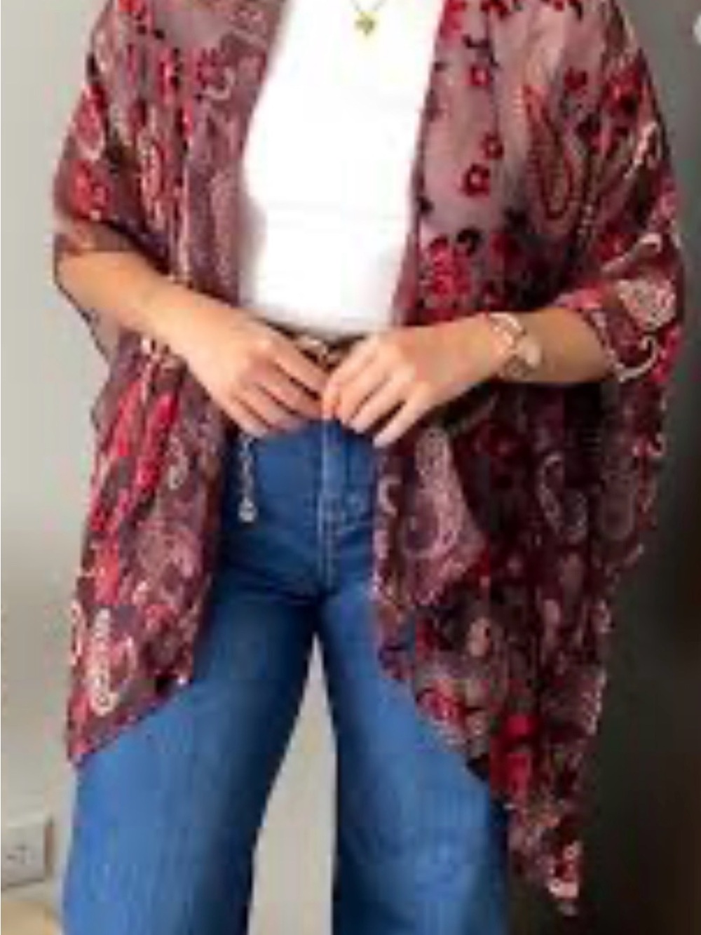 LOFT Red Paisley Open-Front velvet Floral Kimono Cardigan